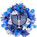 Hoteam Hanukkah Wreath for Front Door Happy Hanukkah Front Door Sign 13 Inch Blue Rustic Chanukah Welcome Decoration for Indoor Outdoor Home Porch Hanging Decoration