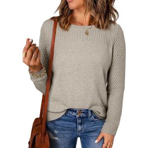 EVALESS Womens Sweaters Casual Long Sleeve Crewneck Cable Knit Lightweight Oversized Crochet Sweater Pullover Tops (X-Large, Parchment)