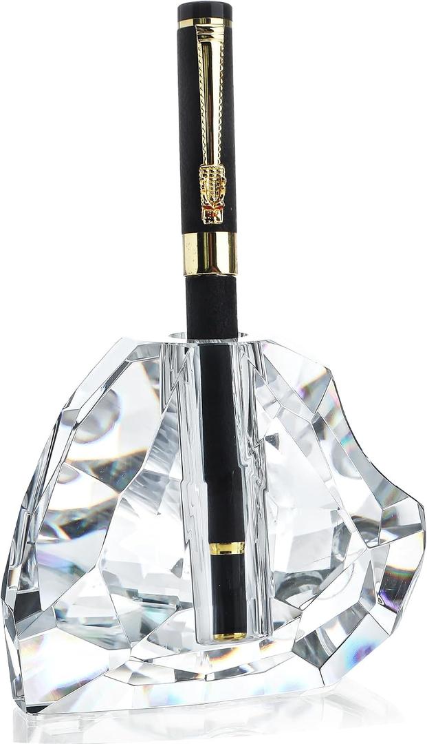 QFkris Crystal Heart Shaped Single Pen Holder for Desk, Glass Feather Pencil Holder for Office Desktop Decoration, 3.5" Fancy Fountain Pen Stand, Gift for Man Women