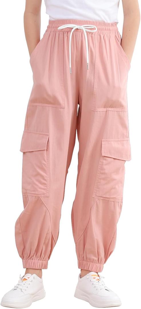 Girls Cargo Pants Baggy Joggers Lightweight Elastic Waist Drawstring with Pockets Casual Travel Hiking Streetwear (Pink)