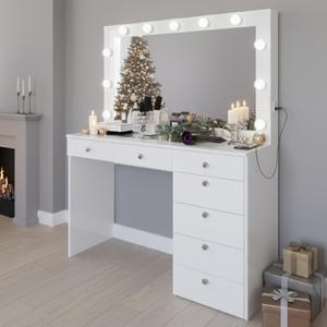 Boahaus Serena White Makeup Vanity with Mirror and 11 Lights, 7 Drawers, Glass Top, Crystal Knobs, USB-A & USB-C Ports, 110V Power Outlet, Bedroom Vanity Desk (White)