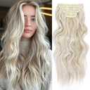 Synthetic Clip in Hair Extensions for Women 20 Inch 5Pcs Long Wavy Curly Ash Blonde Highlight Hair Extensions Clip ins Full Head Synthetic Hair Extension for Women