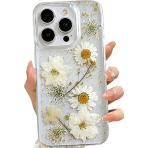 for iPhone 13 Pro Clear Case with Pressed Real Flowers Design,Glitter Cute White Floral Pattern Slim Soft TPU Protective Women Girl's Phone Cover for iPhone 13 Pro