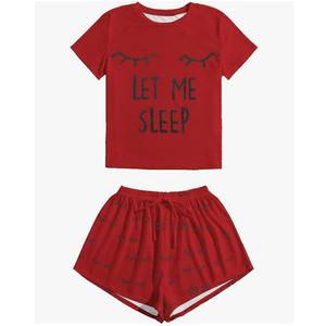 WDIRARA Women's Sleepwear Closed Eyes Print Tee and Shorts Pajama Set, Red, XXL