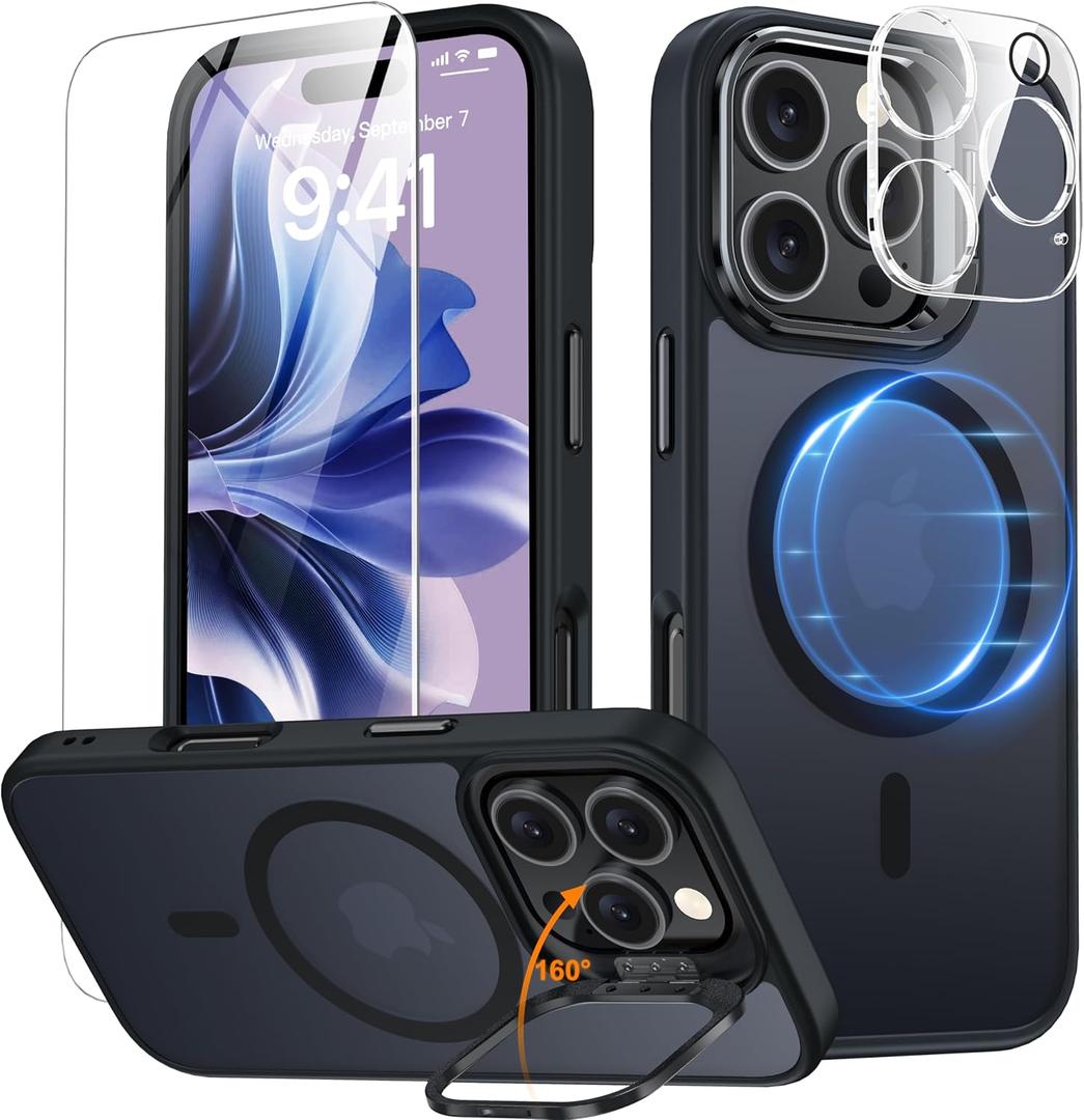 Magnetic & Stand for iPhone 16 Pro Max Case with 9H Screen & Lens Protector[Fit for Magsafe][Metal Kickstand][Colorful Frame] Translucent Matte Back Skin-Touch Phone Case for iPhone 16 Pro Max