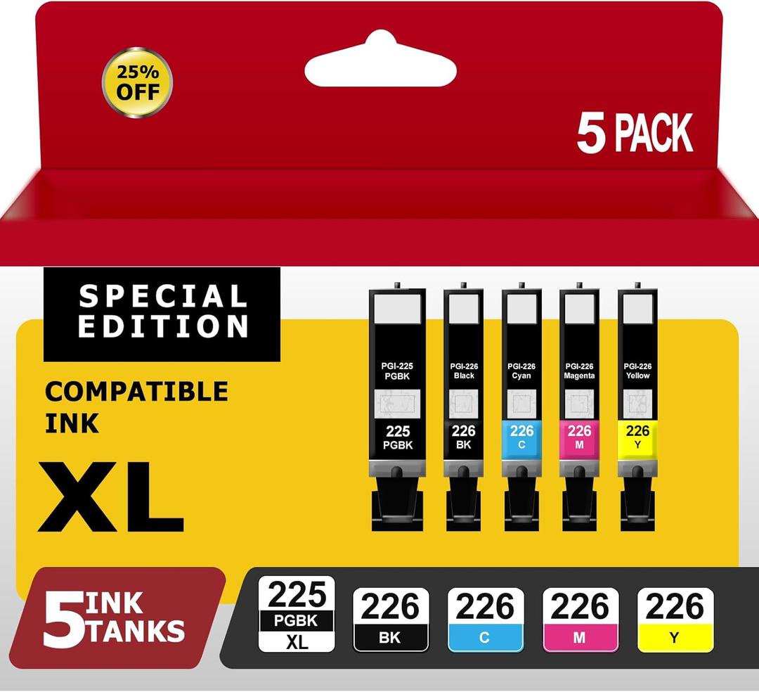 225 226 Ink Cartridges Compatible for Canon PGI-225XL CLI-226XL Works with Canon PIXMA MX882 MG5220 MG5320 MG6120 Printers (PGBK, Black, Cyan, Magenta, Yellow, 5 Pack)