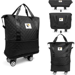 ISOKE Foldable Travel Duffel Bag - TSA Approved - With Wheels & Shoe Compartment - Weekender Bags for Women - Carry On Overnight Bag - Black - 16"×10"×24"