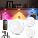 Rechargeable RGB Puck Lights with Remote, 2400mAh Battery Touch Light Magnetic Push Tap Lights Wireless Color Changing LED Under Cabinet Lighting, Sitck On Light for Kitchen, Closet, Pantry, Shelves (3 Pack)