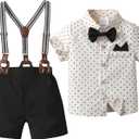 Baby Boys Shorts Sets,Infant Shirt + Shorts + Bow Tie + Suspenders,Toddler Summer Gentleman Outfits (4-5T, Light Khaki+black)