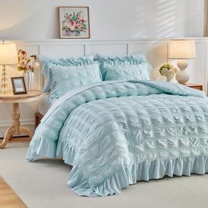 Tititada Blue Plaid Seersucker Comforter Set with Ruffled Fringe King Size, 3 Pieces Soft Fluffy Farmhouse Bedding Set for All Season, King Bed Set with Ruffle Shams (Blue)