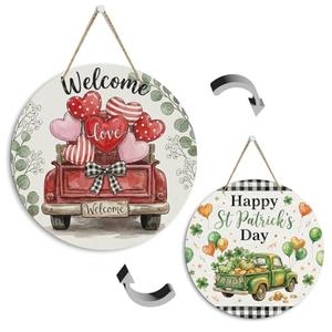 Welcome Valentines Day Door Sign Happy St Patrick's Day Decor Valentine St. Patricks Reversible Wood Sign Wreath Decor for Home Wall Outside Front Door 3 Pack