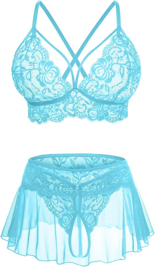 CRIPOM Lace Wedding Lingerie for Women Sexy Bralette & Mini Skirt Set, Women's Lingerie Sets for Boudoir Shooting Light Blue, Large