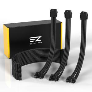 EZDIY-FAB PSU Cable Extension Sleeved Custom Mod GPU PC Power Supply Soft Nylon Braided with Comb Kit 24PIN/8PIN to 6+2Pin/ 8PIN to 4+4PIN-30CM 300MM - Black