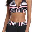 Zando Women's Two Piece Halter Swimsuit Athletic Push Up Bikini Set Swimwear with Boyshorts Sporty V Neck Bathing Suit Pink Black Stripe S (US Size 2-4)