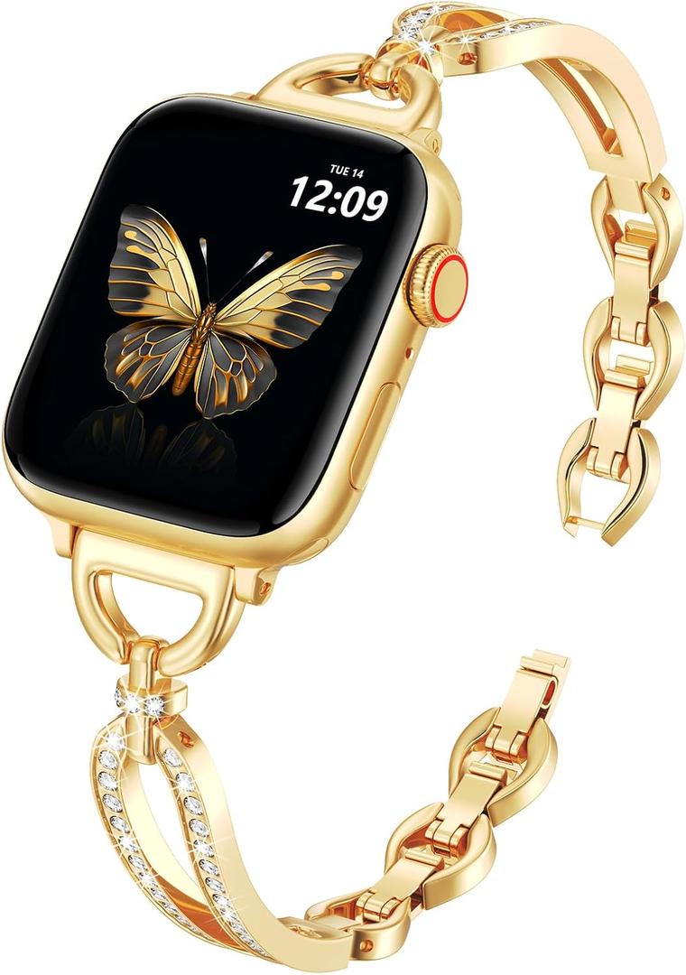 MOFREE Slim Metal Band Compatible with Apple Watch Bands for Women 38mm/40mm/41mm/42mm (Series 11/10), Thin Bracelet Strap Band for iWatch SE/9/8/7/6/5/4/3/2/1, Lightweight Dressy Women Bands Gold