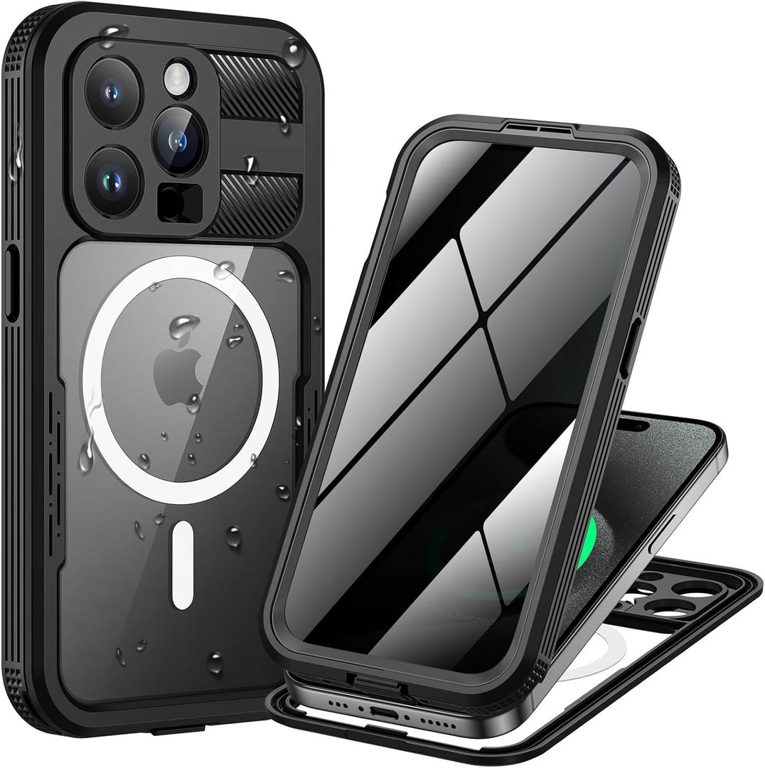Lanhiem Magnetic for iPhone 15 Pro Max Waterproof Case, Built-in Privacy Screen Protector, Compatible with MagSafe, Anti-Spy Full Body Phone Case for iPhone 15 Pro Max 6.7", Black