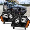 Headlights Assembly Compatible with 2005 2006 2007 Jeep Grand Cherokee Halogen Headlamp Replacement Black/Amber Head Lights Pair Set Driver & Passenger with Wiring Harness