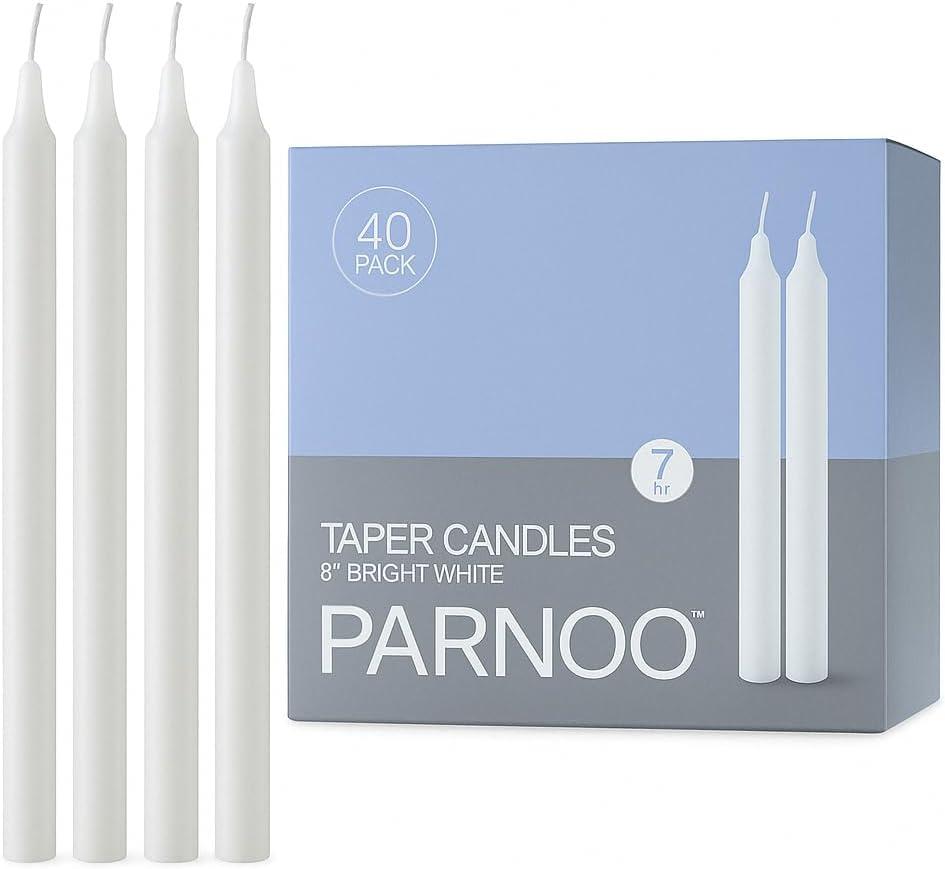 PARNOO 8" White Tapered Candles, 40 Pcs  7-Hour Long Burn Time, Dripless & No Soot, Unscented Taper - Hand-Dipped Tall Candles for Weddings, Dinners, Parties, & Special Occasions
