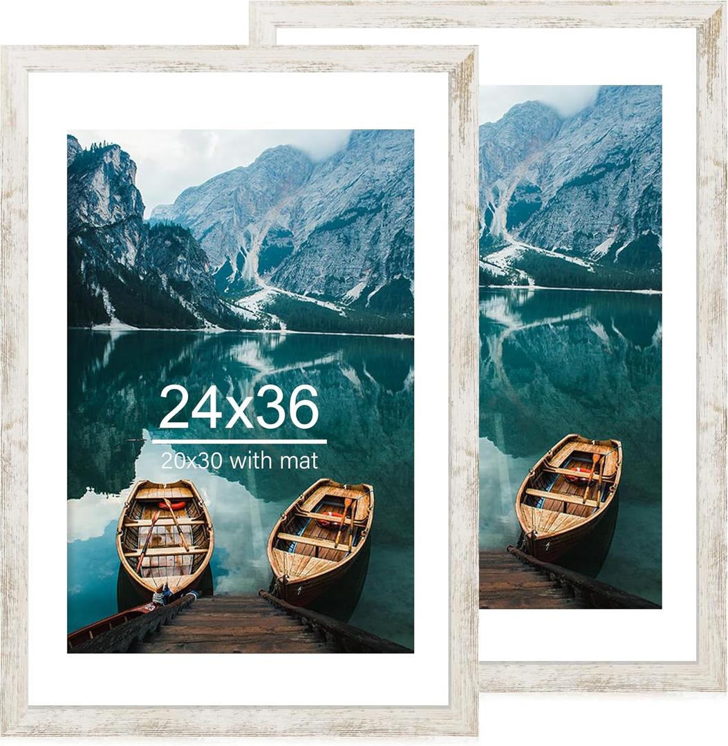 24x36 Poster Frame Set of 2, Distressed White Wood Style - Display 24 x 36 Poster without Mat or 20x30 Picture with Mat, Wall Mounting Horizontal and Vertical