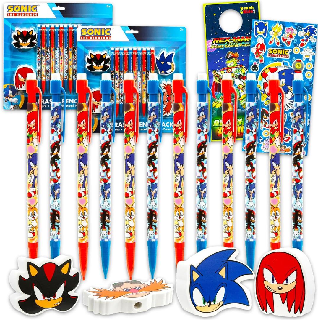 Sonic Mechanical Pencils and Erasers Party Favors Bulk, 20 Pencils and 8 Erasers for Goodie Bags, Loot Bags, Plus More | Sonic Party Supplies Kids, Boys, Girls