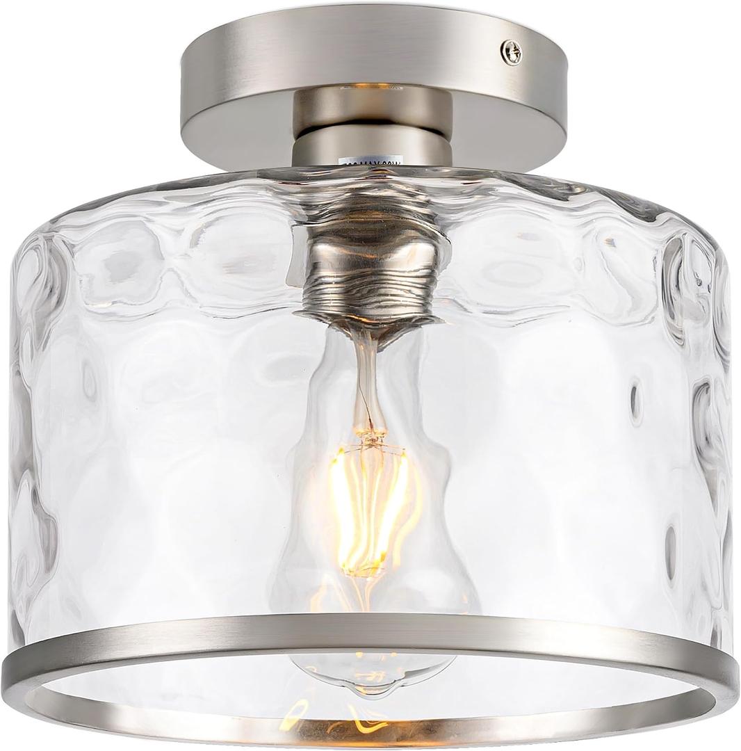 Zlepmlla Modern Semi Flush Mount Ceiling Light with Industrial Clear Hammered Glass Lampshade, Farmhouse Ceiling Lights fixtures in Satin Nickel for Hallway Kitchen Bathroom Bedroom