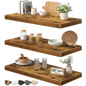 QEEIG 10" Deep Floating Shelves for Wall - 10 x 24 inch Book Shelf Bathroom Bedroom Kitchen Living Room Hanging Bookshelf Farmhouse Set of 3, Rustic Brown (025-60BN3)