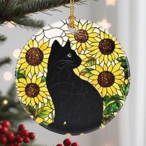 2 x Sunflower Black Cat Ornament, Christmas Ornaments, Christmas Tree Decorations, Holiday Decor, Cat Lover Gifts, Pet Gifts, Xmas Gift & Holiday Presents for Friends or Family