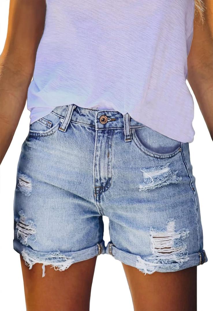 Pink Queen Women's High Waisted Denim Shorts Casual Ripped Summer Hot Short Jeans Frayed Distressed Jeans Shorts with Pockets (Blue, L)