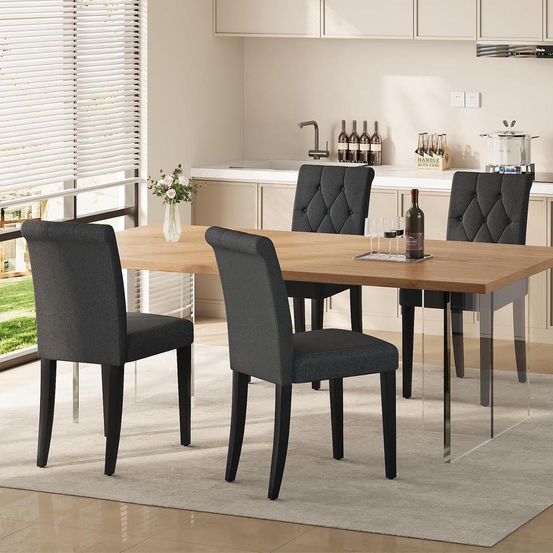 Upholstered Dining Chairs Set of 4, Button Tufted Parsons Dining Chair with Solid Wood Legs, Modern Fabric Side Chair for Dining Room/Kitchen/Restaurant/Hotel- Black