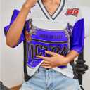 Women's Number Print Mesh Jersey Shirt Color Block V Neck Short Sleeve Football T-Shirt (Blue, L)