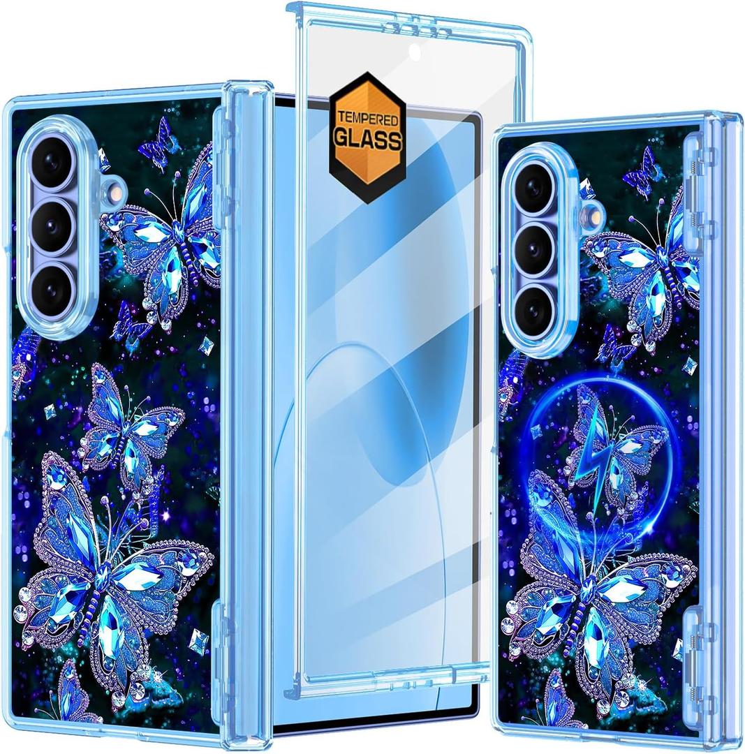 for Galaxy Z Fold 7 Case,[Compatible with MagSafe][Glow in The Dark][Front Screen Protector][Stand][Hinge Protection],Slim Fit for Women Girls for Samsung Galaxy Z Fold 7,Blue