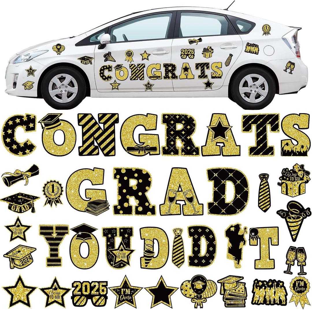 Gilprop 37 Pcs Graduation Car Magnets Decorations Graduation Cruise Door Magnets, Class of 2026 Car Stickers Congrats Grad Magnetic Sticker for Carnival Party Garage Fridge(Multiple Size,Black Gold)