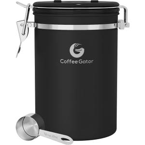 Coffee Gator Coffee Canister, 22oz Airtight Stainless Steel Kitchen Food Storage Container with Date Tracker, Valve, Scoop for Sugar, Grounds, Beans, Tea, Sugar, Cereal, Flour, Cookies Jars - Black