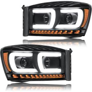 LED DRL Headlight, Headlights Assembly Kit Compatible with 2006-2008 Dodge Ram 1500, Fit 2006-2009 Ram 2500 3500 Headlamp Black Housing Amber Reflector