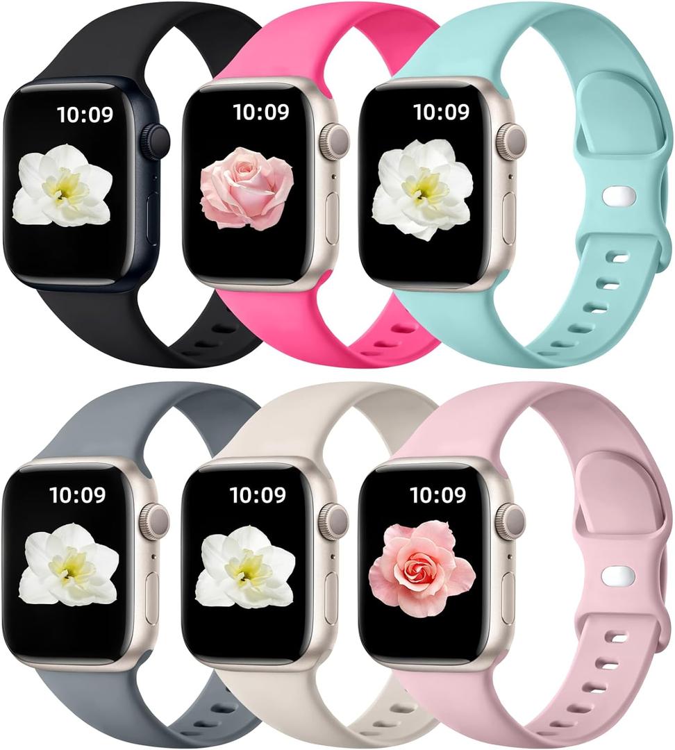 Maledan 6 Pack Bands Compatible for Apple Watch Band 38mm 40mm 41mm 42mm 44mm 45mm 46mm 49mm Women Men, Soft Silicone Sport Band Strap for iWatch Apple Watch Series 11 10 9 8 7 6 5 4 3 2 1 SE Ultra (Black/ Rose Pink/ Soft Mint/ Space Gray/ Starlight/ Light Pink)