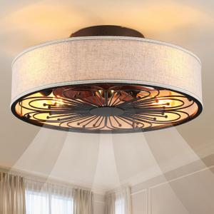 Caged Ceiling Fans with Lights Flush Mount,Low Profile Ceiling Fan with Remote,20 Inch Farmhouse White Ceiling Fan for Bedroom,6 Speeds Reversible Silent Fandalier(Include 4 Bulb)