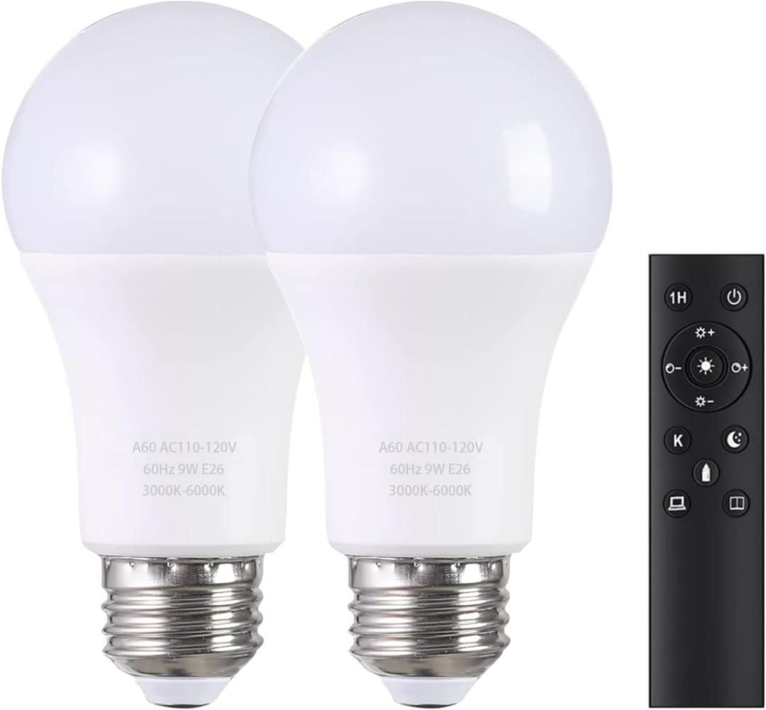 A19 LED Light Bulbs with Remote Control, 800LM 9W (60W Equivalent) Bulbs,Stepless Dimmable 3000K-6000K,E26 Base,CRI 80+,2.4GHz,25000+ Hours Lifespan,Light Bulb for Home Decor,2Bulb & 1Remote