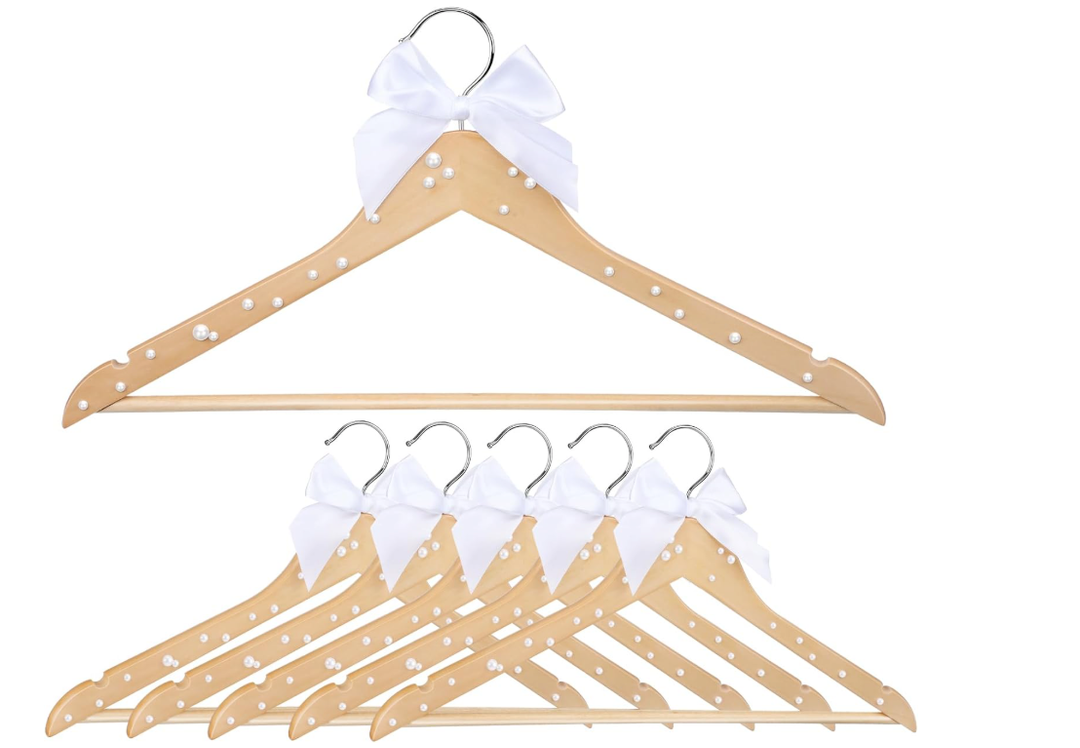 10 Pcs Bride Hanger for Wedding Bride Groom Bridesmaid Ribbon Bow Pearl Hanger Wood Color Elegant Wooden Dress for Bridal Shower Tuxedo Photo Keepsake Party Gift(Pearl Bow,White)