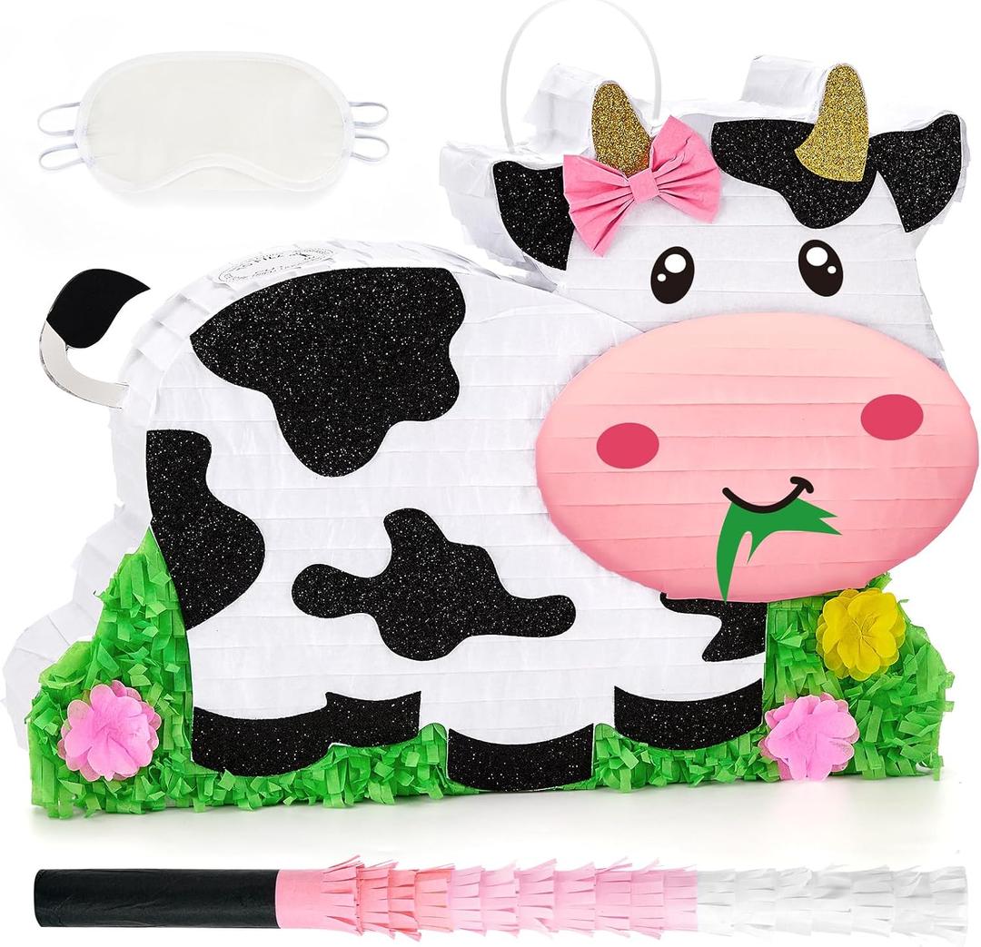 WERNNSAI Dairy Cow Piata - Farm Animal Party Game Cow Piata for Girls Birthday Party Decorations Kids Happy Party Favor Supplies with Bat Blindfold, Farm Theme Candy Toys Filler