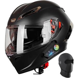 Full Face Motorcycle Helmet with Bluetooth DOT - Wide Panoramic View Street Bike Helmets for Men Women Adults, Internal Sun Visor, Removable Liner 
(Matte Black, M)