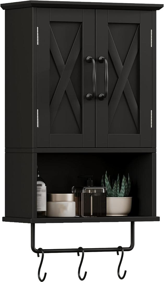 ChooChoo Farmhouse Medicine Cabinet, Bathroom Wall Cabinet with Adjustable Shelf, Towel Bar, 3 Hooks, Over The Toilet Storage Cabinet for Bathroom, Kitchen, 19.3''L, Black