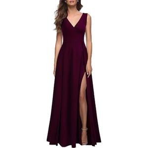 MUSHARE Women's V Neck Sleeveless Split Formal Dress Cocktail Party Prom Long Dresses, L, Burgundy