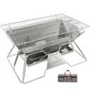 CAMPINGMOON Large Portable Campfire Fire Pit BBQ Grill Stainless Steel Foldable Collapsible Wood Burning Charcoal Grill for Heavy Duty Outdoor Cooking RV Camping, 20x13-inch, Carry Bag included MT-3