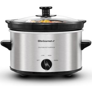 Elite Gourmet MST-275XS Electric Oval Slow Cooker, Adjustable Temp, Entrees, Sauces, Stews & Dips, Dishwasher Safe Glass Lid & Crock (2 Quart, Stainless Steel)