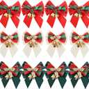 Lucleag 12Pcs Christmas Wreath Bow, Mini Christmas Bow for Wreath Christmas Tree Gift Box Decoration, White Red Green Bell Bow Christmas Small Bow for Christmas Party Supplies Xmas Decoration