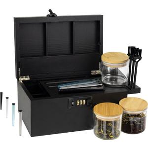 Premium Large Bamboo Box with Combination Lock,Storage Decorative box,Storage Lockbox Set with Plentiful Accessories 3 Jars & 3 Brushes&4 Tubes,Removable Tray,Detachable Compartment,Elegant Black