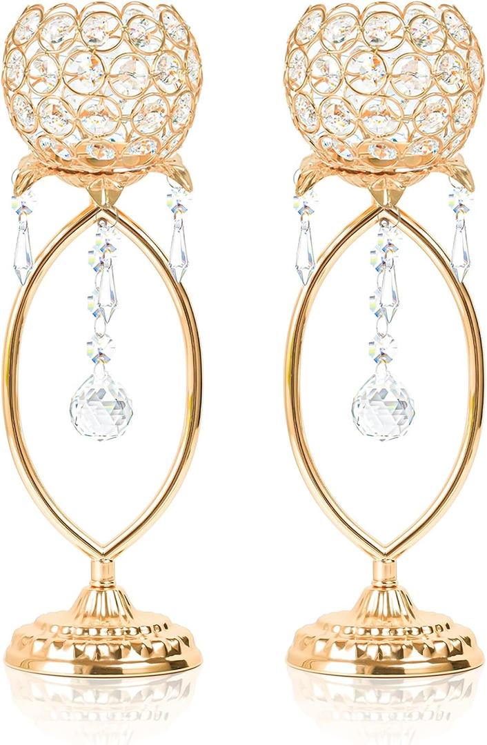 2 Pcs Gold Elegant Metal Crystal Tea Light Candle Holders with Bling Crystal Pendants, Hollow Design - Wedding Table Centerpieces for Anniversary Birthday Party, Home Decor