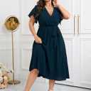 Womens Plus Size Dress Wedding Guest Cocktail Pleated V Neck Faux Wrap V Neck Flowy A Line Midi Dresses with Belt (XL)