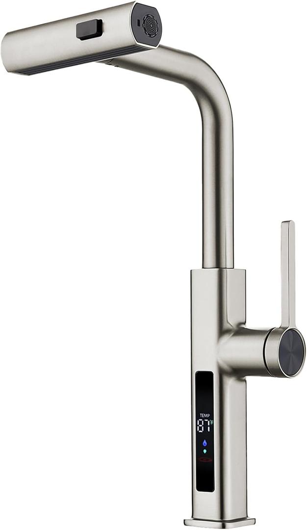 Lefton Pull-Out Waterfall Kitchen Faucet with Temperature Display, Two Water Outlet Modes, Single Hole, Brushed Nickel, KF2209-0