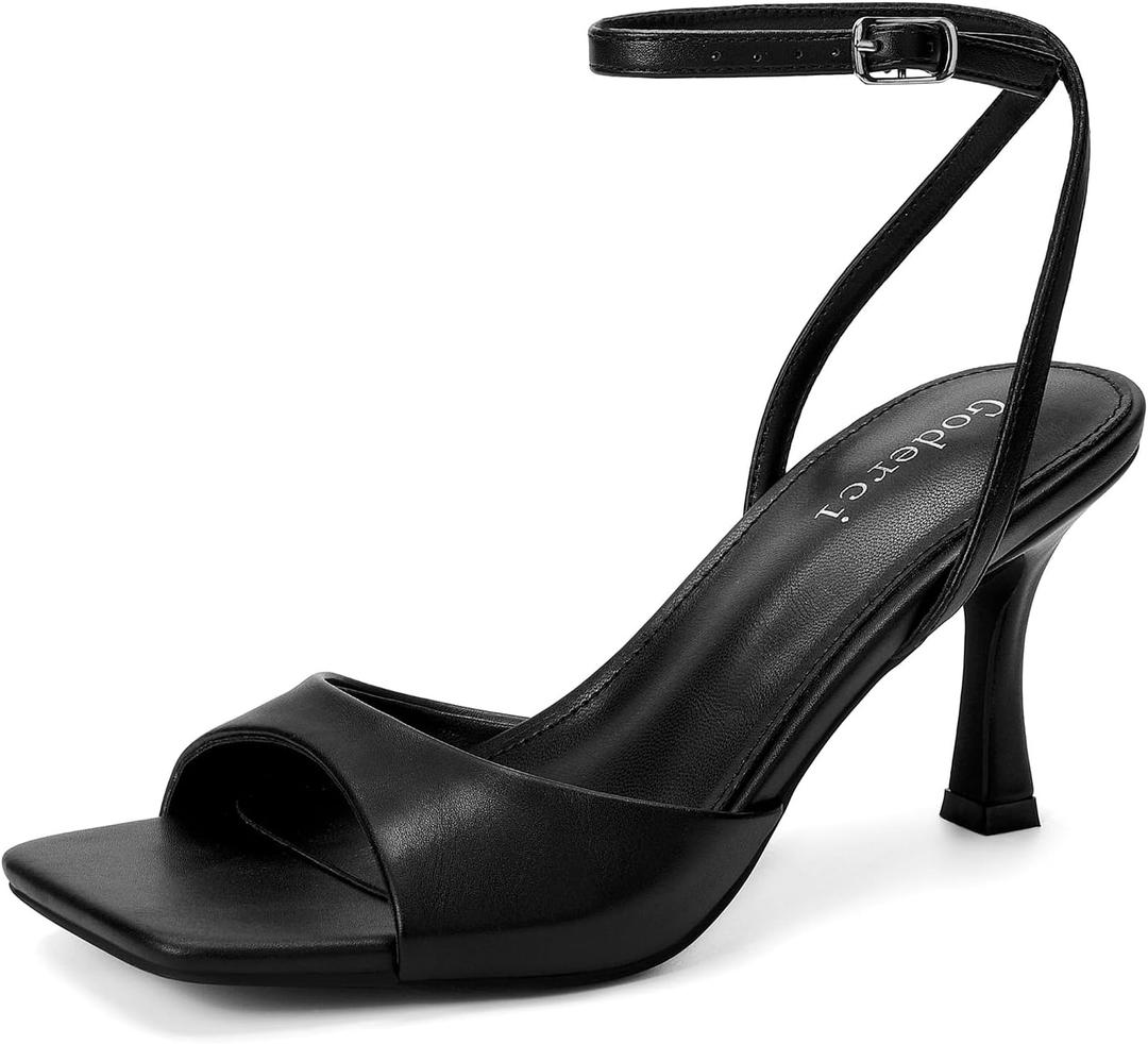 Kitten Strappy Heels for Women Square Open Toe Ankle Strap Buckle Stiletto Heels Dress Shoes (8, Black Pu)
